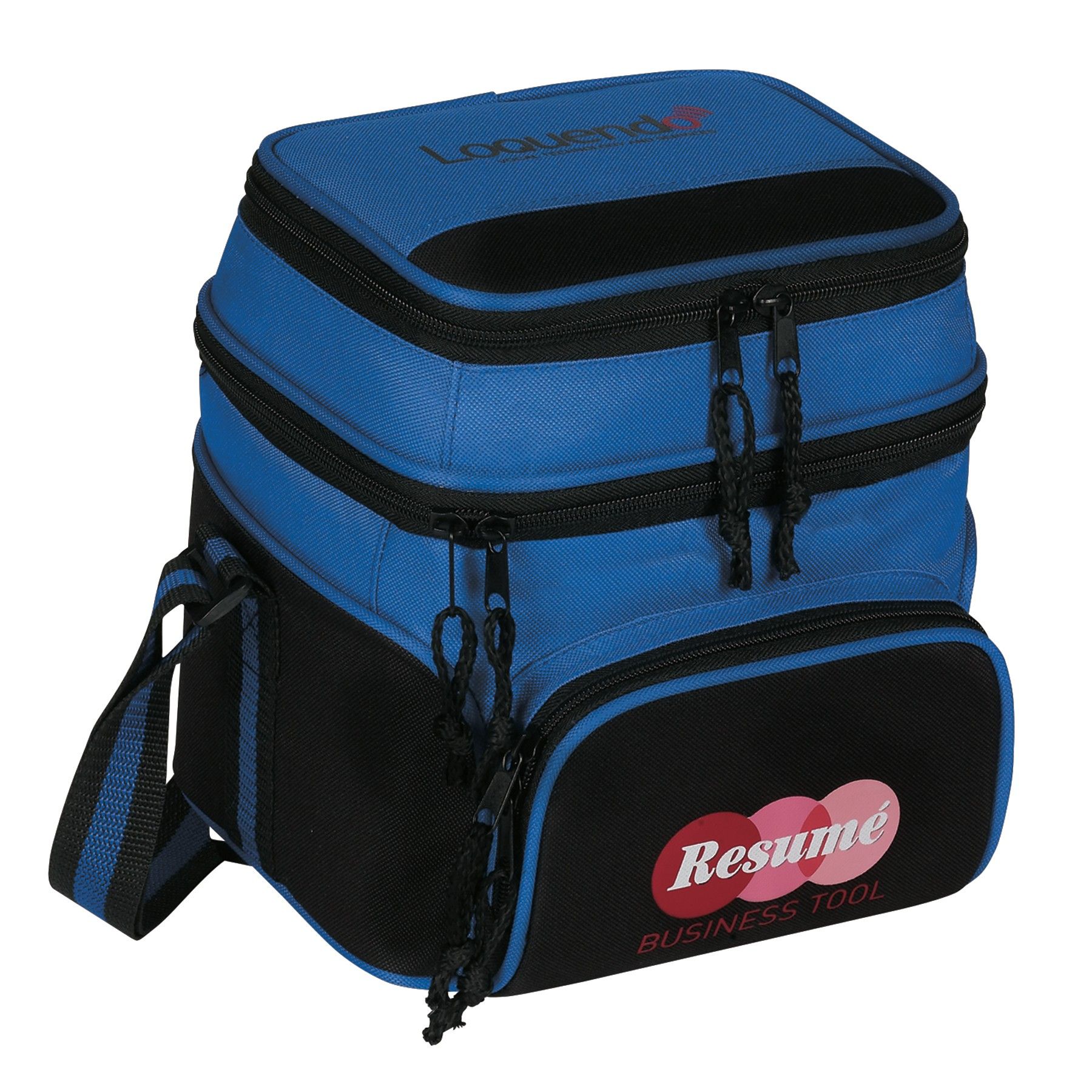 A blue and black bag that says resume on it