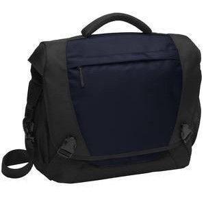 A black and blue messenger bag with a handle on a white background.