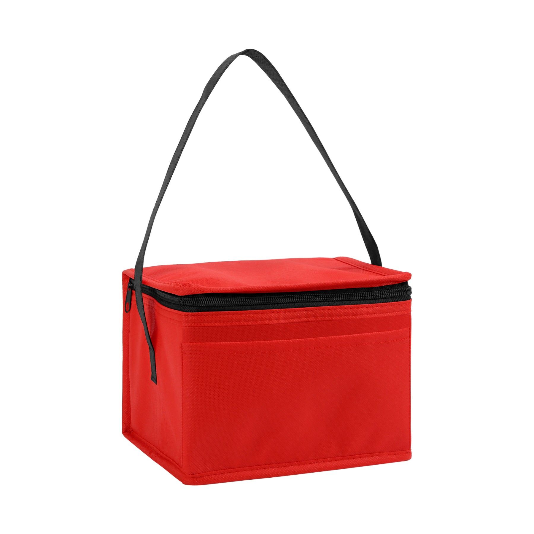 A red cooler bag with a black handle on a white background.