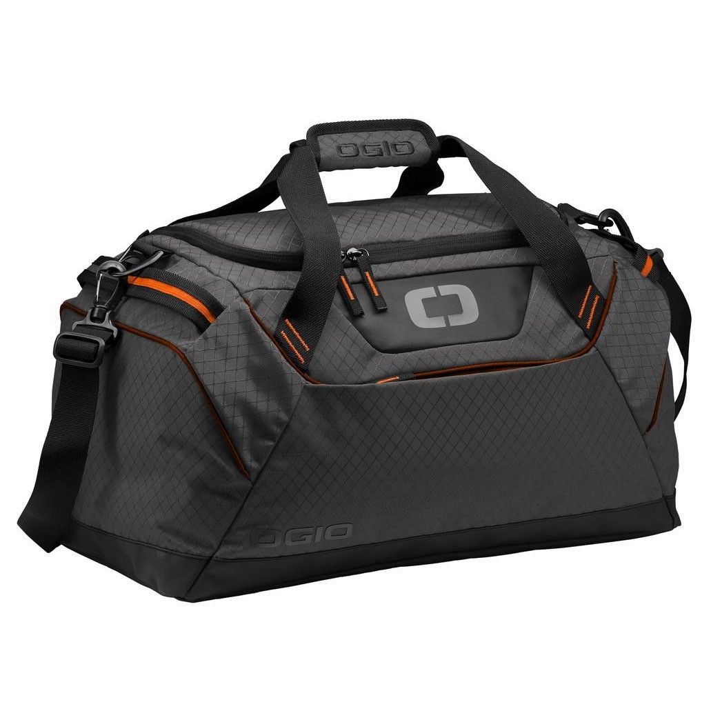A black duffel bag with the letter c on it