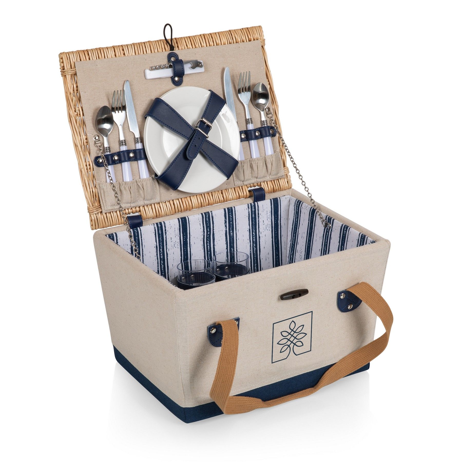 A picnic basket with plates and utensils in it