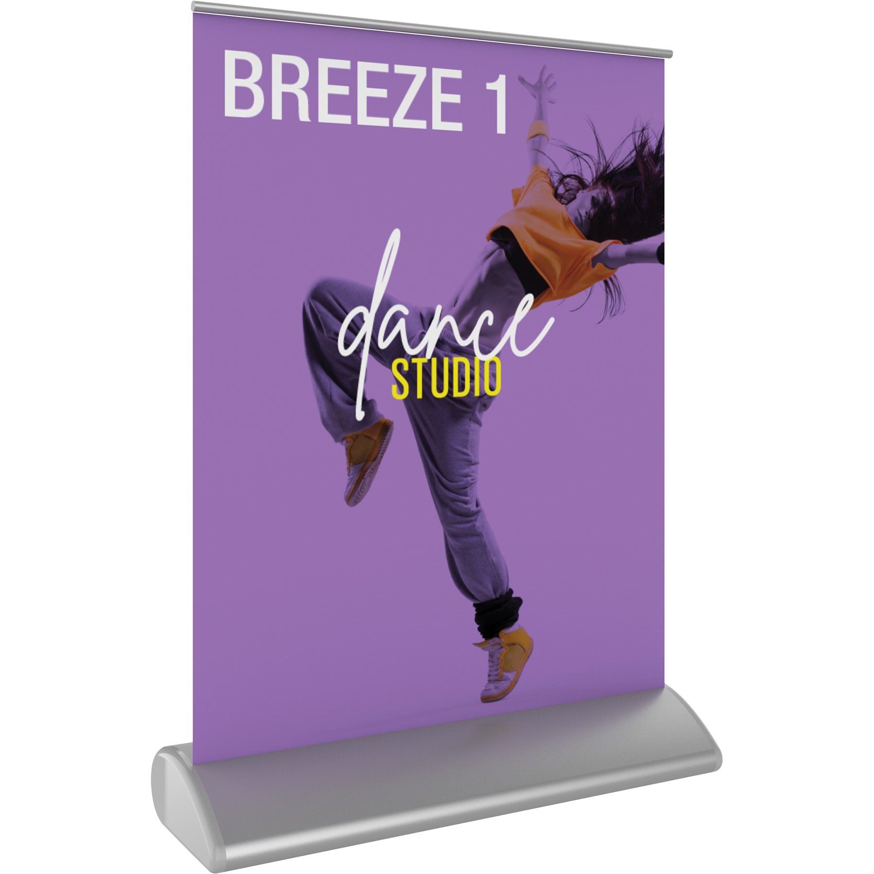 A purple banner with a picture of a woman dancing on it.