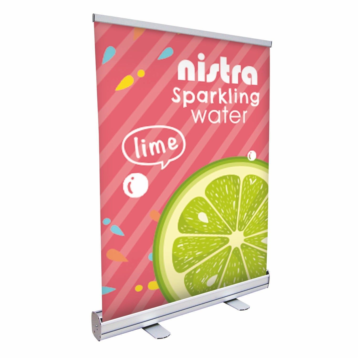 A banner for nistra sparkling water with a slice of lime on it