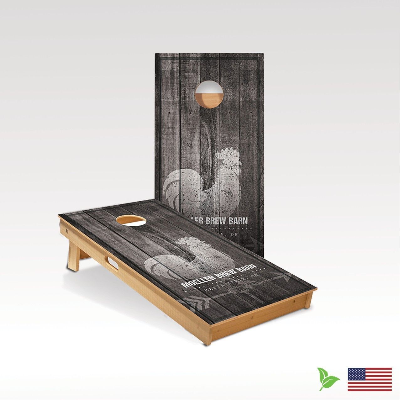 A cornhole board with a picture of a rooster on it