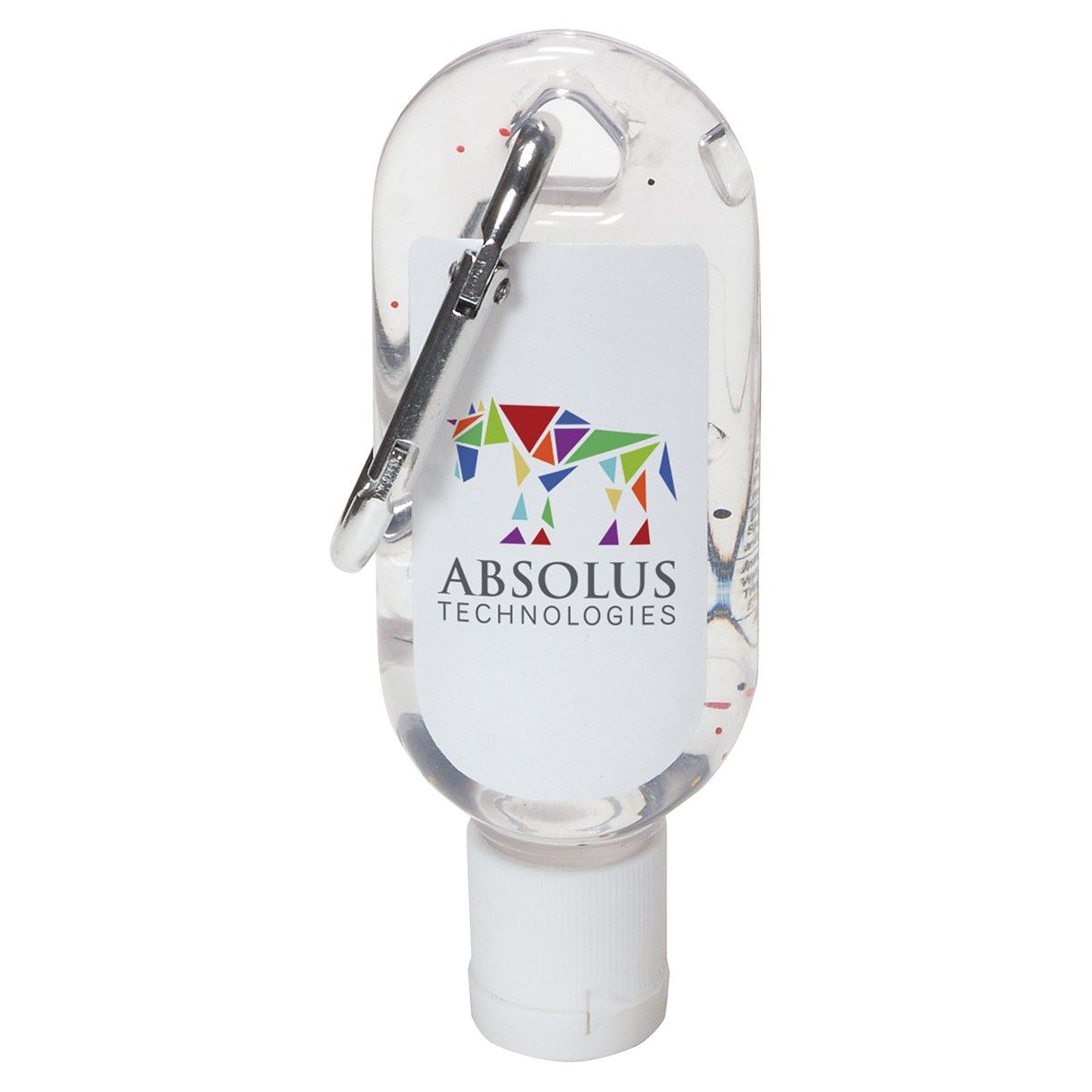 A bottle of hand sanitizer with a carabiner attached to it.