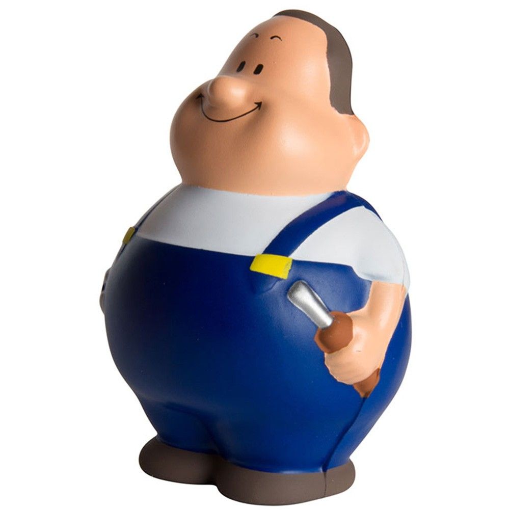 A figurine of a man in blue overalls holding a hammer