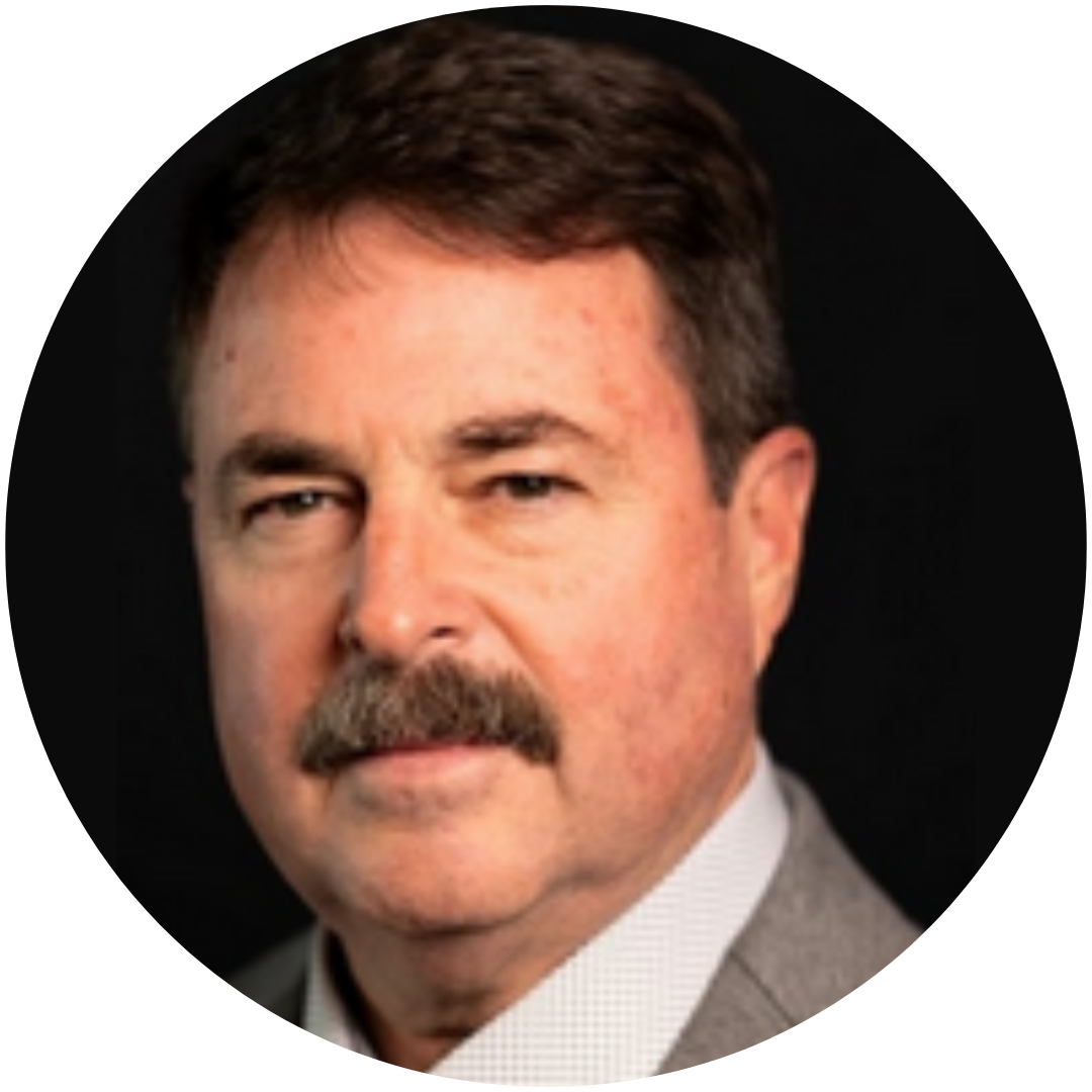 A man with a mustache is in a circle with a black background