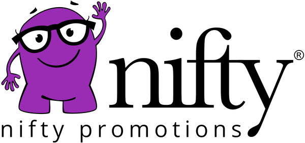 The logo for nifty promotions has a purple monster wearing glasses and waving.