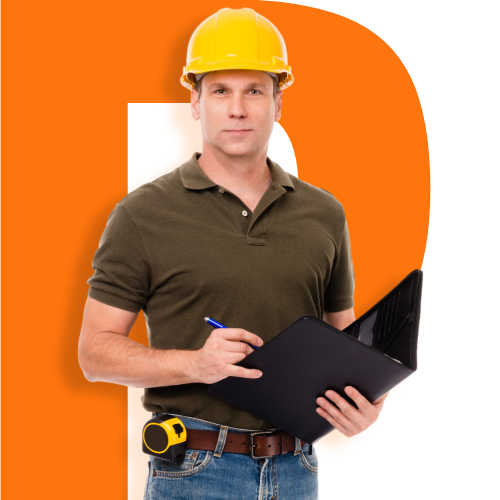 a man wearing a hard hat is holding a clipboard and a pen