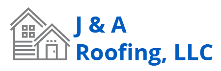 Logo for J & A Roofing, LLC with two house outlines and blue text on a white background.