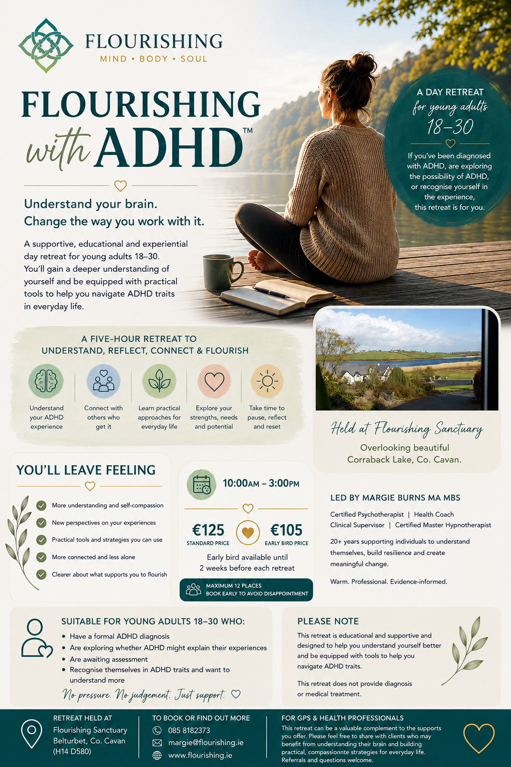 Flourishing with ADHD poster with woman on beach at sunset and support program details