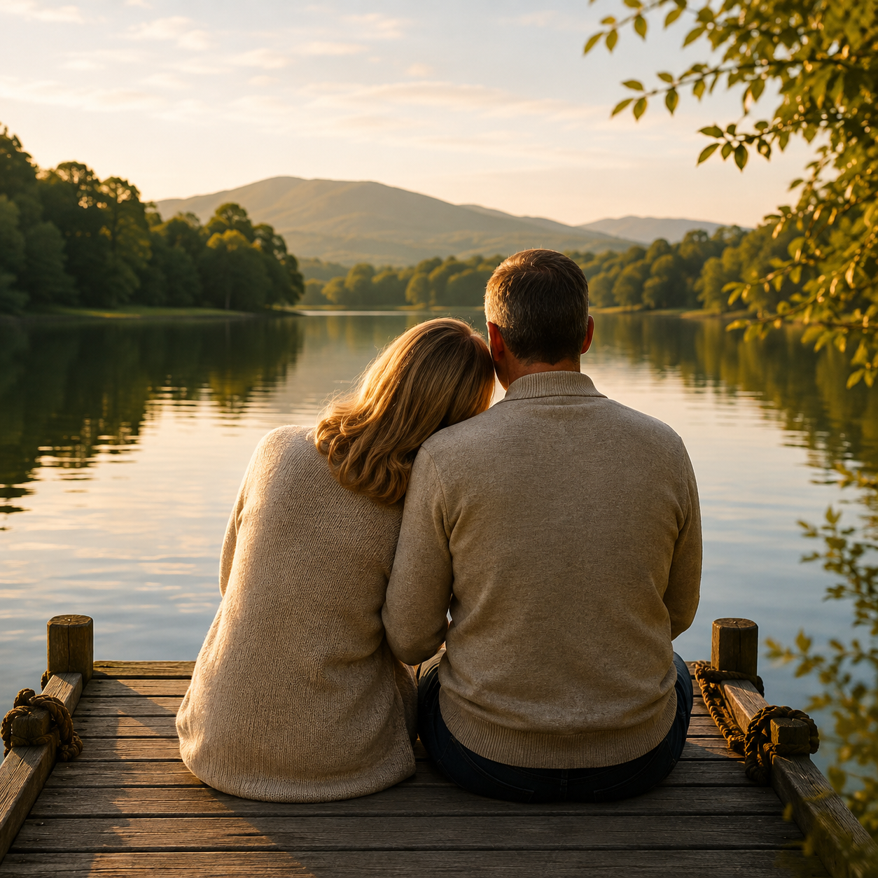 Two people sit close together on a dock, facing a calm lake at sunset with mountains beyond.