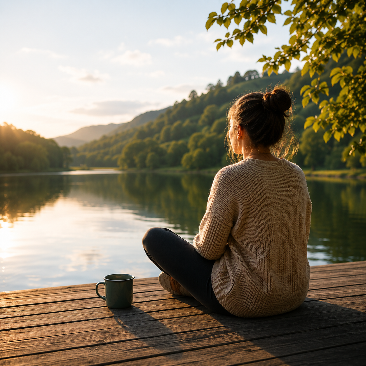 Person sitting on a wooden dock by a calm lake at sunrise, with a mug beside them