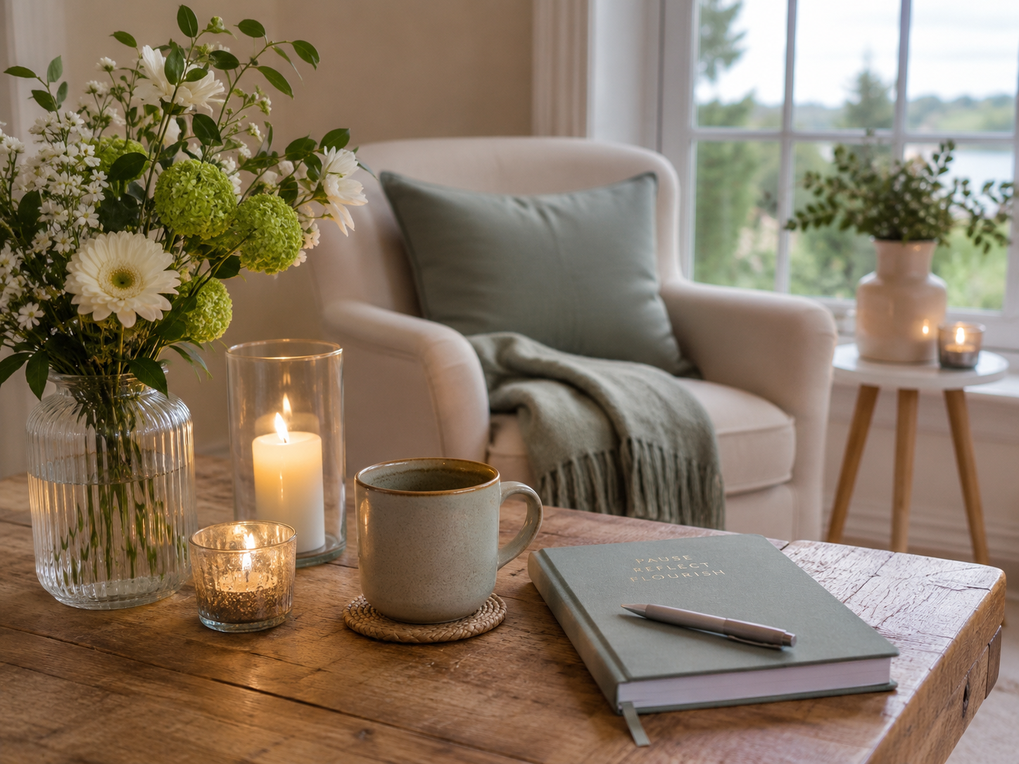Relax with candle, fresh flowers, coffee