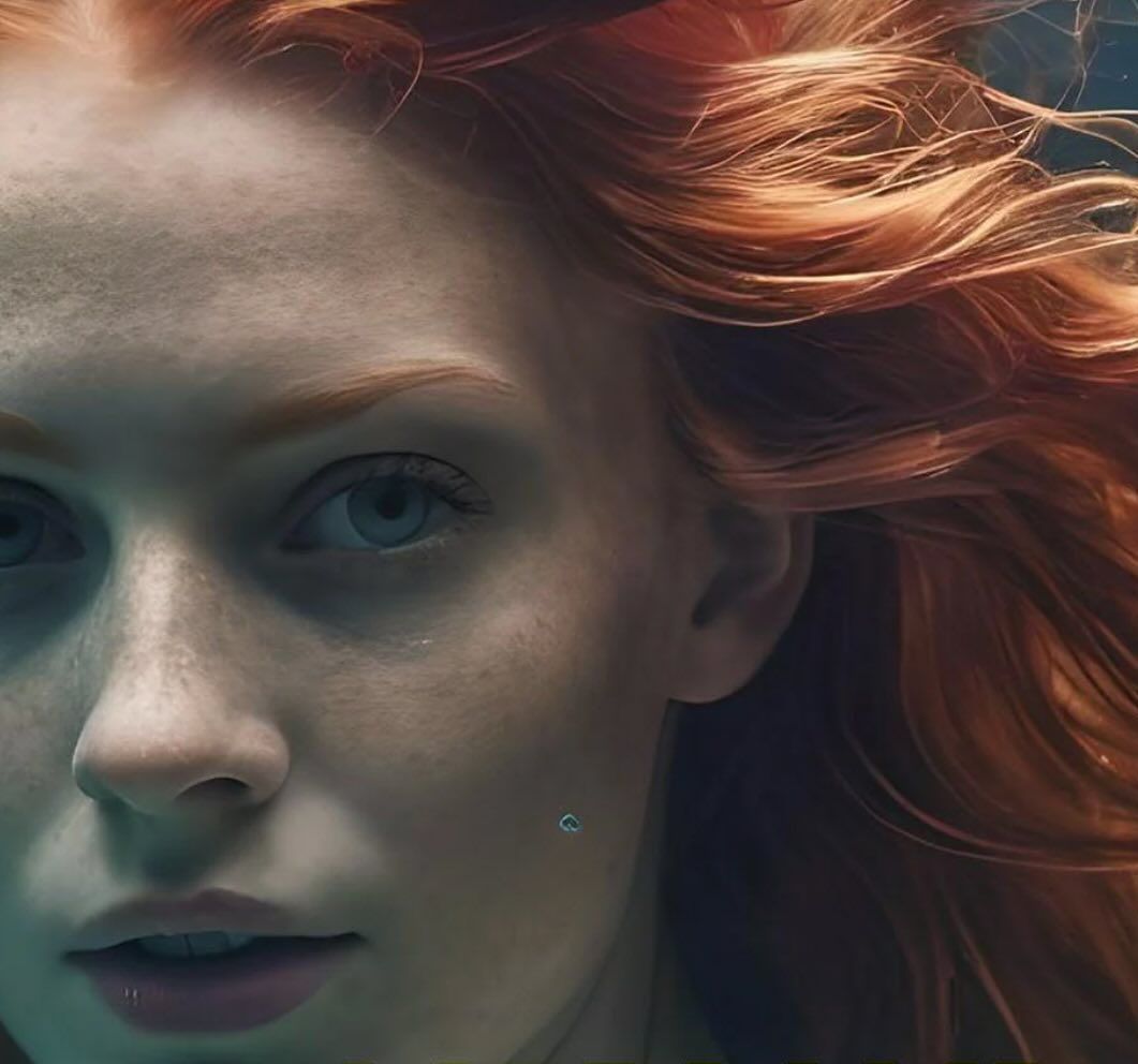 A close up of a woman 's face with red hair