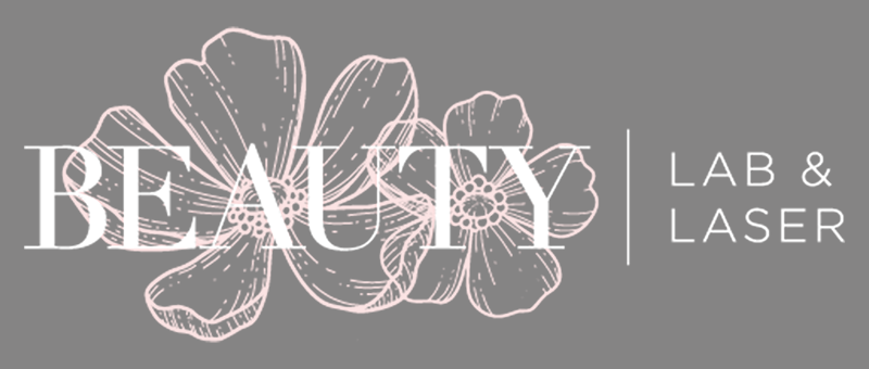 A logo for a beauty lab and laser with flowers on a gray background.