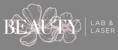 A logo for a beauty lab and laser with flowers on a gray background.