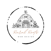 A logo for rural roots web design with a barn in a circle.