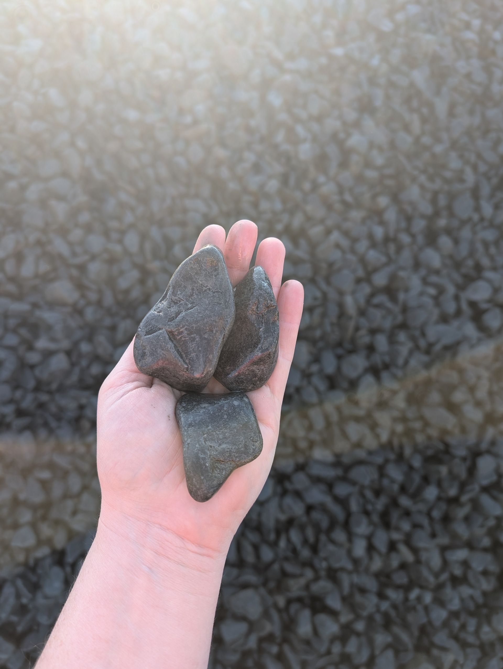 Hand Holding Three Dark Grey Rocks — Campbell's Truck and Bobcat and Landscape Supplies In Gympie, QLD