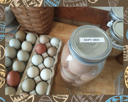 A tray of eggs next to a jar that says sept 2021