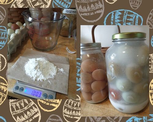 Two jars of eggs are on a table next to a scale