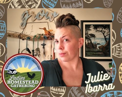 Julie Ibarra behind a logo that says national ladies homestead gathering