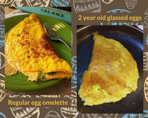A picture of a regular egg omelette next to a picture of a 2 year old glassed egg omelette