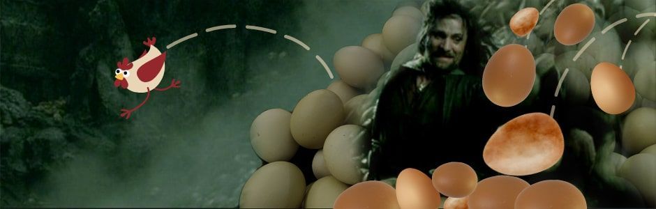 A chicken is flying over a pile of eggs