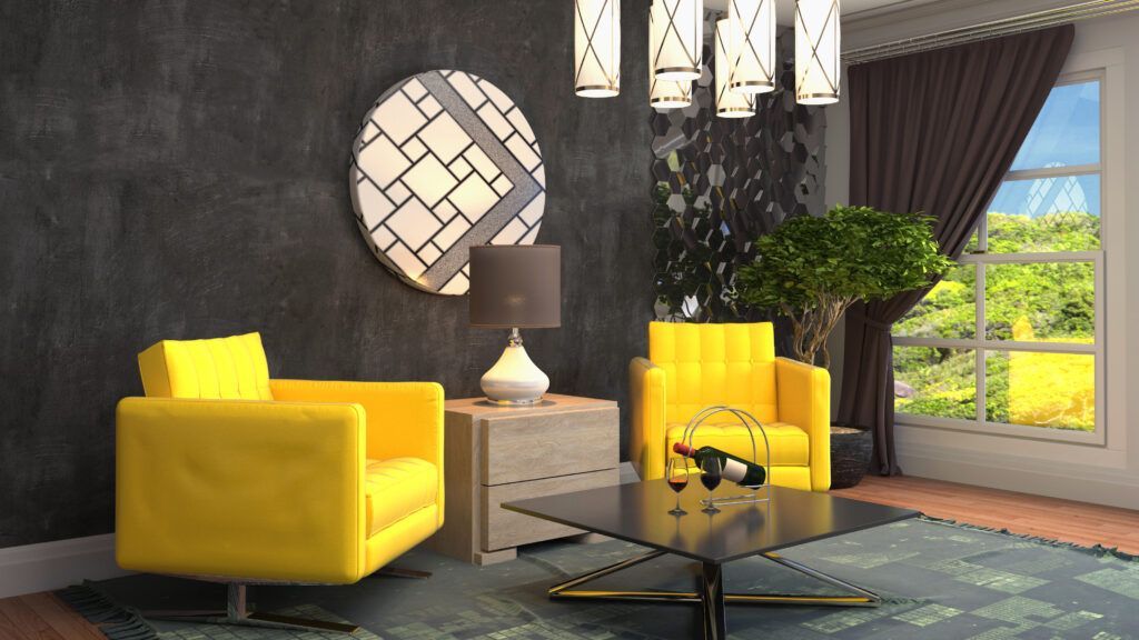 A living room with two yellow chairs and a coffee table.