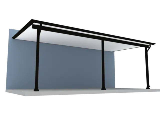 Modern black-framed awning over a small gray building structure