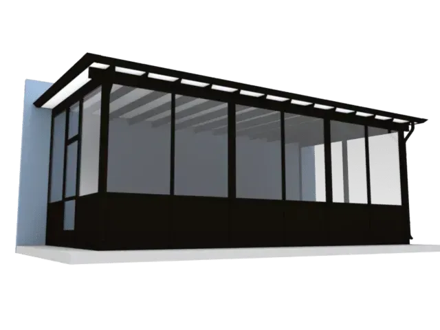 Modern black-framed glass patio enclosure with slanted roof