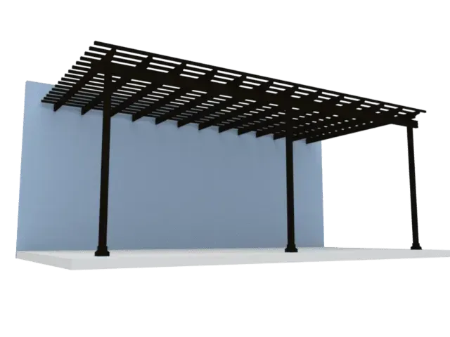 Black metal pergola canopy with slatted roof on three posts against a white background
