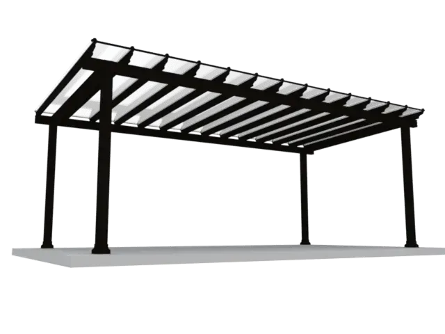 Black metal pergola with slatted roof and four posts on a white background