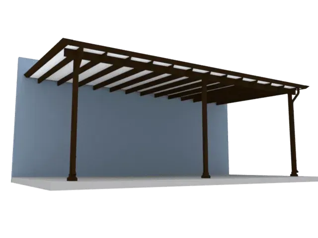 Brown wooden pergola attached to a light blue wall in a minimal outdoor setting