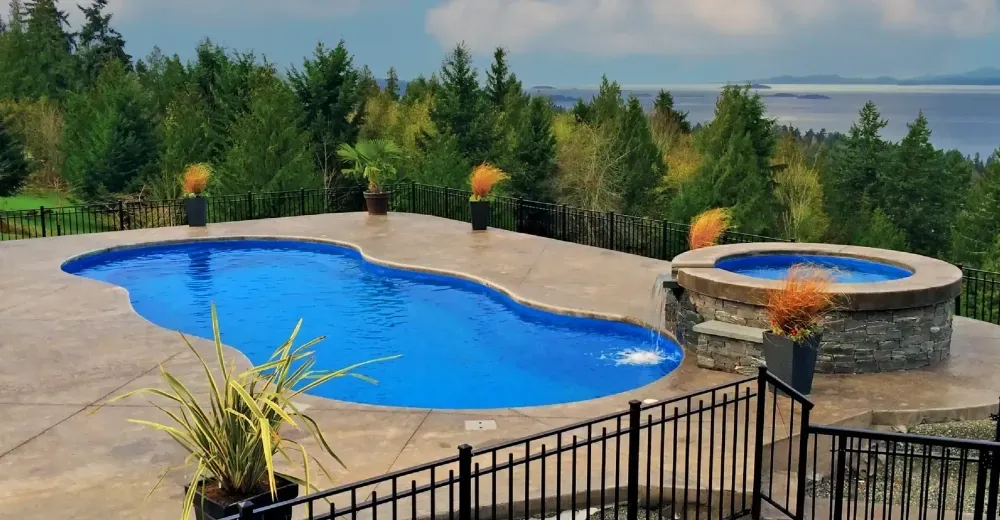 Backyard pool with blue water and hot tub, surrounded by stone patio and trees