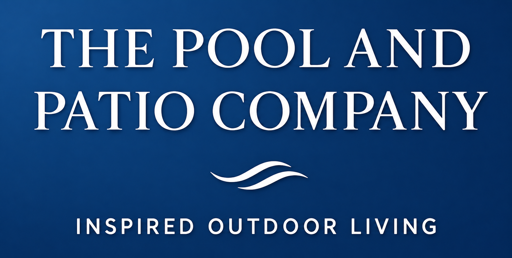 The Pool and Patio Company logo with white text on blue and the slogan “Inspired Outdoor Living.”