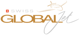 Swiss Global Jet logo in gold, gray, and white with a stylized jet icon