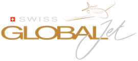 Swiss Global Jet logo in gold, gray, and white with a stylized jet icon
