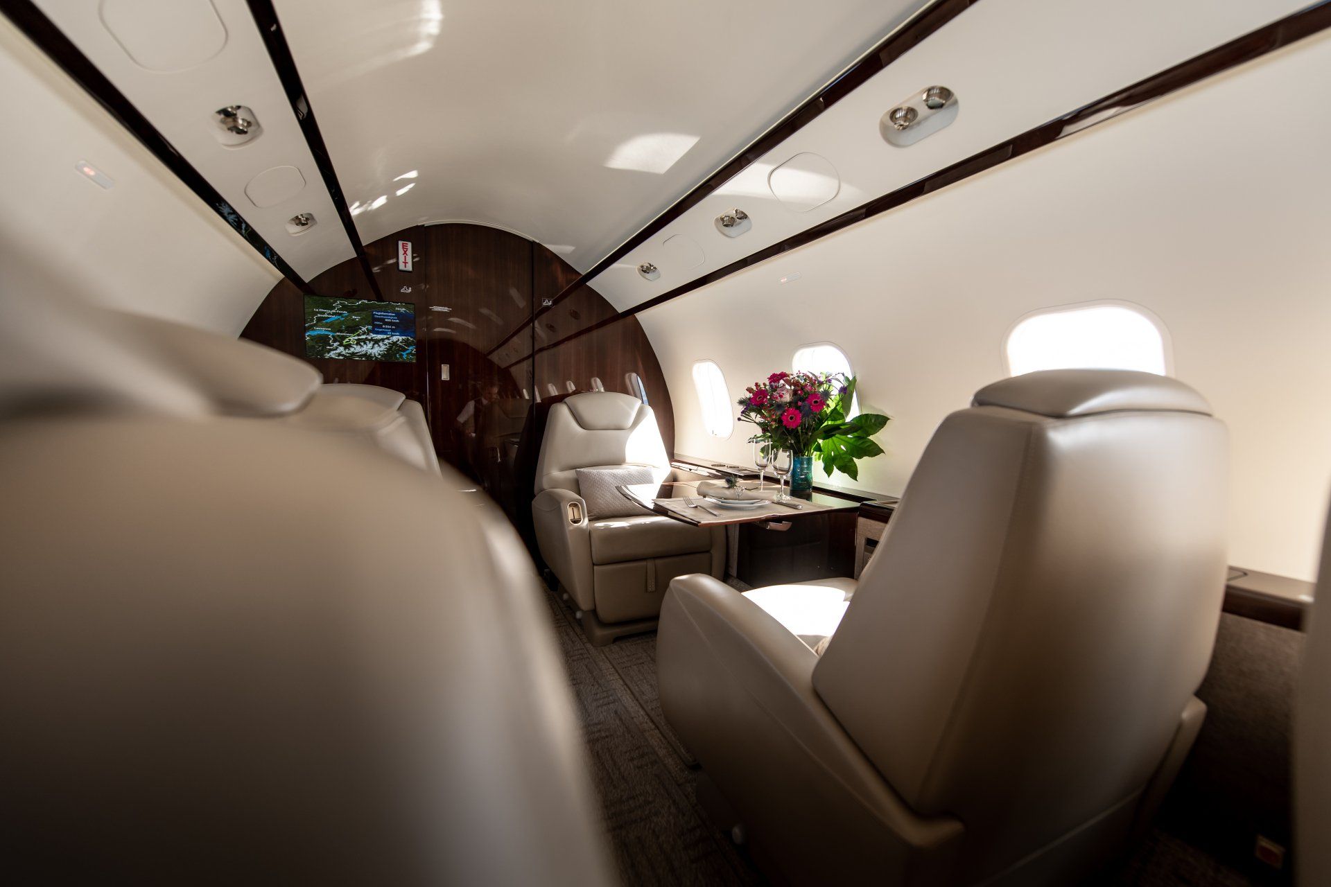 Private jet cabin with leather seats and a flower arrangement on a table