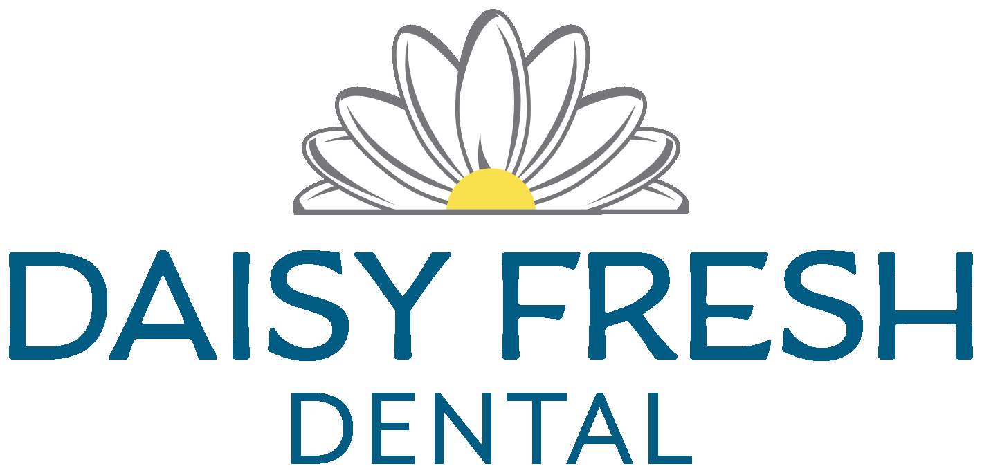 A logo for daisy fresh dental with a daisy on top
