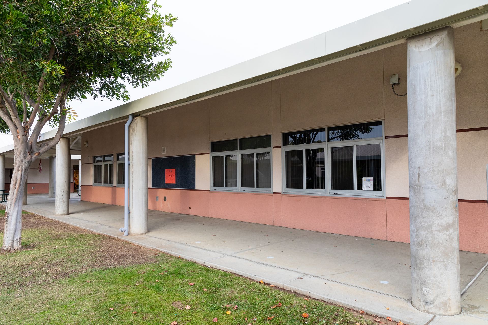 A building with a covered walkway and a tree in front of it