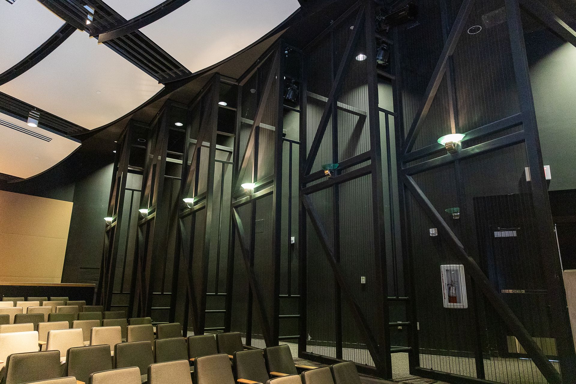 Modern auditorium with black acoustic wall panels and rows of beige seats under soft lighting