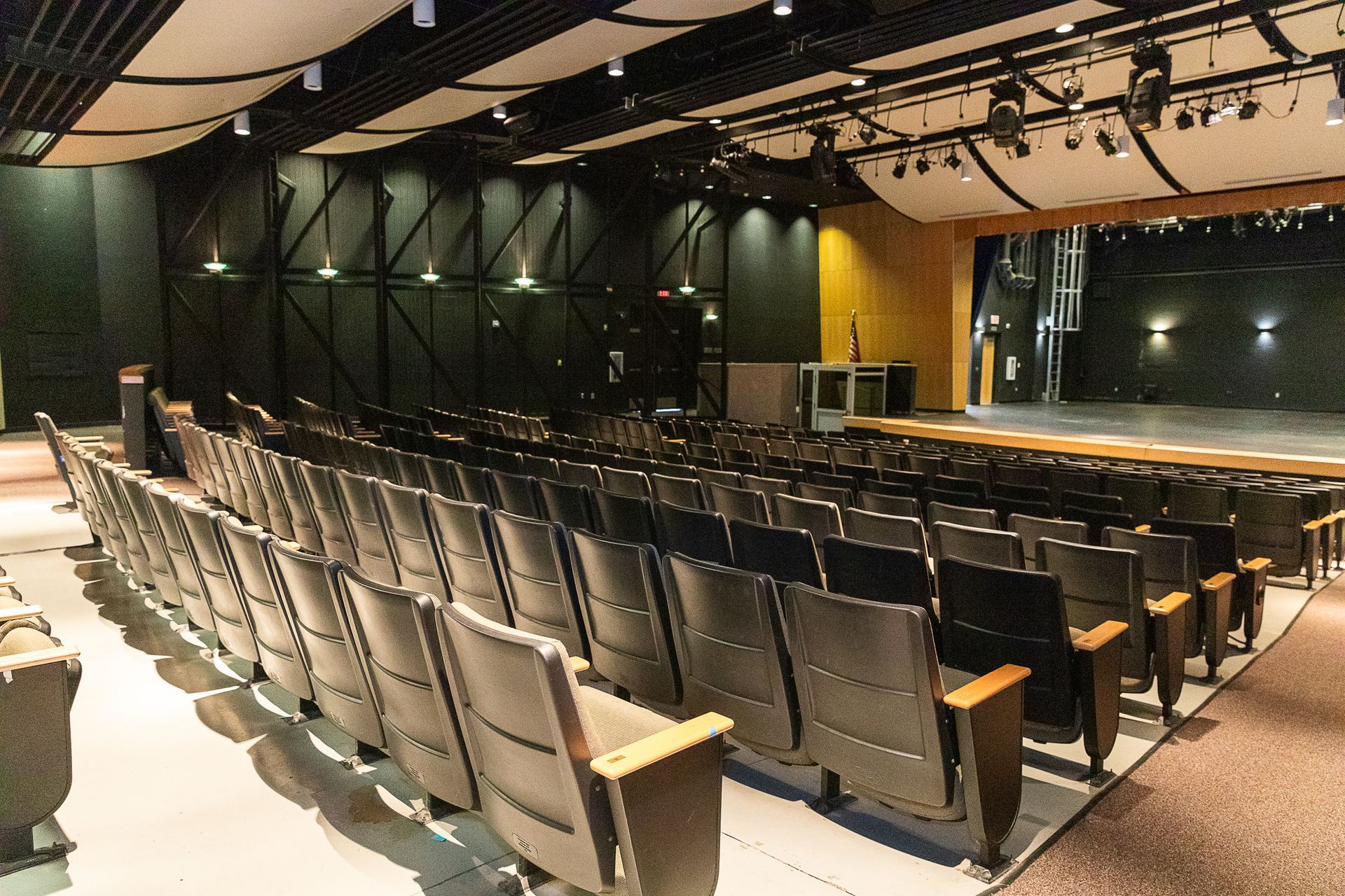 Empty auditorium with rows of black seats and a stage under warm ceiling lights