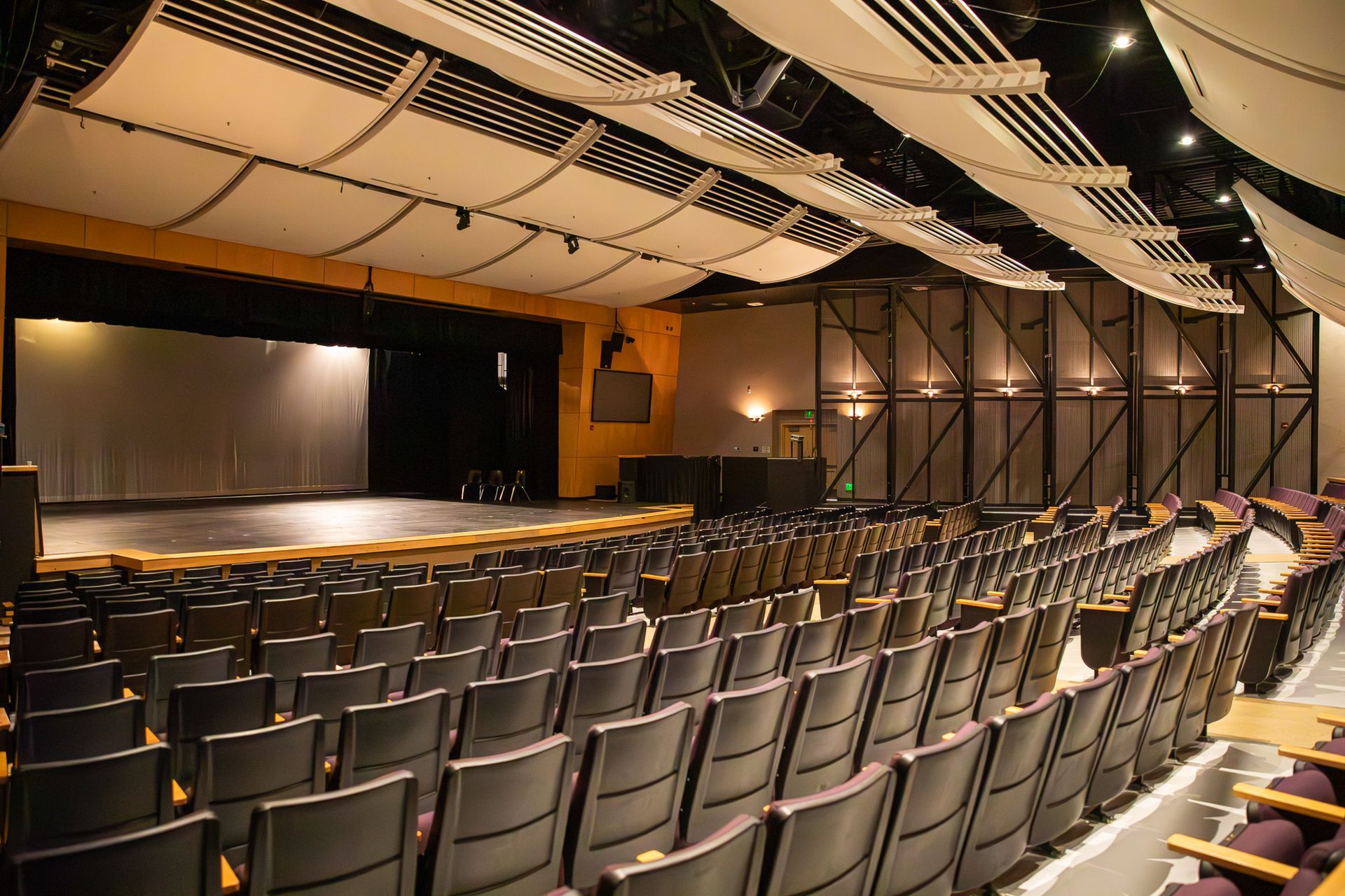 Empty auditorium with rows of seats facing a stage and overhead canopy lighting