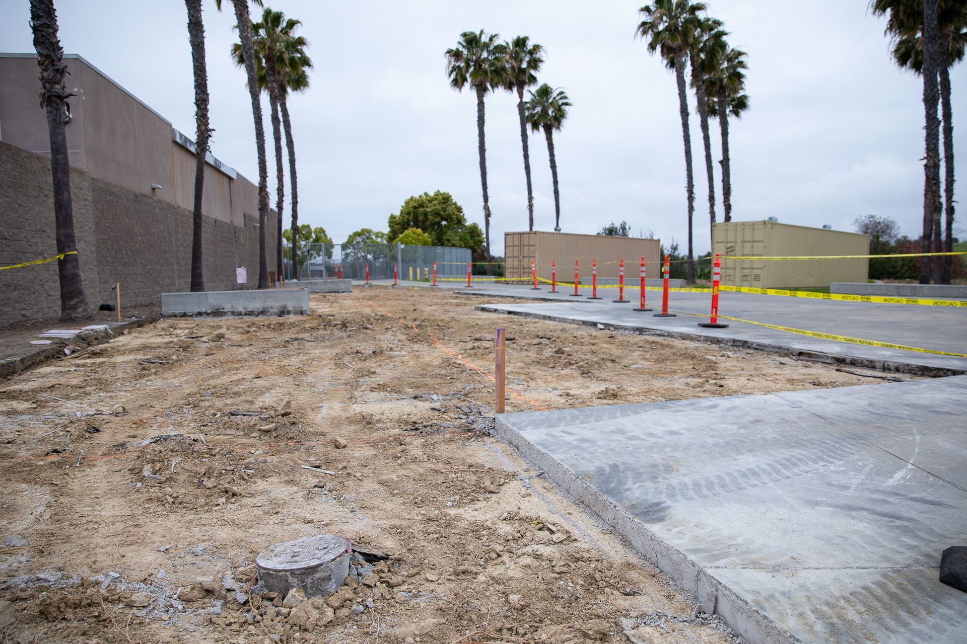 Construction site with dirt lot, concrete curb, orange cones, and palm trees along a wall
