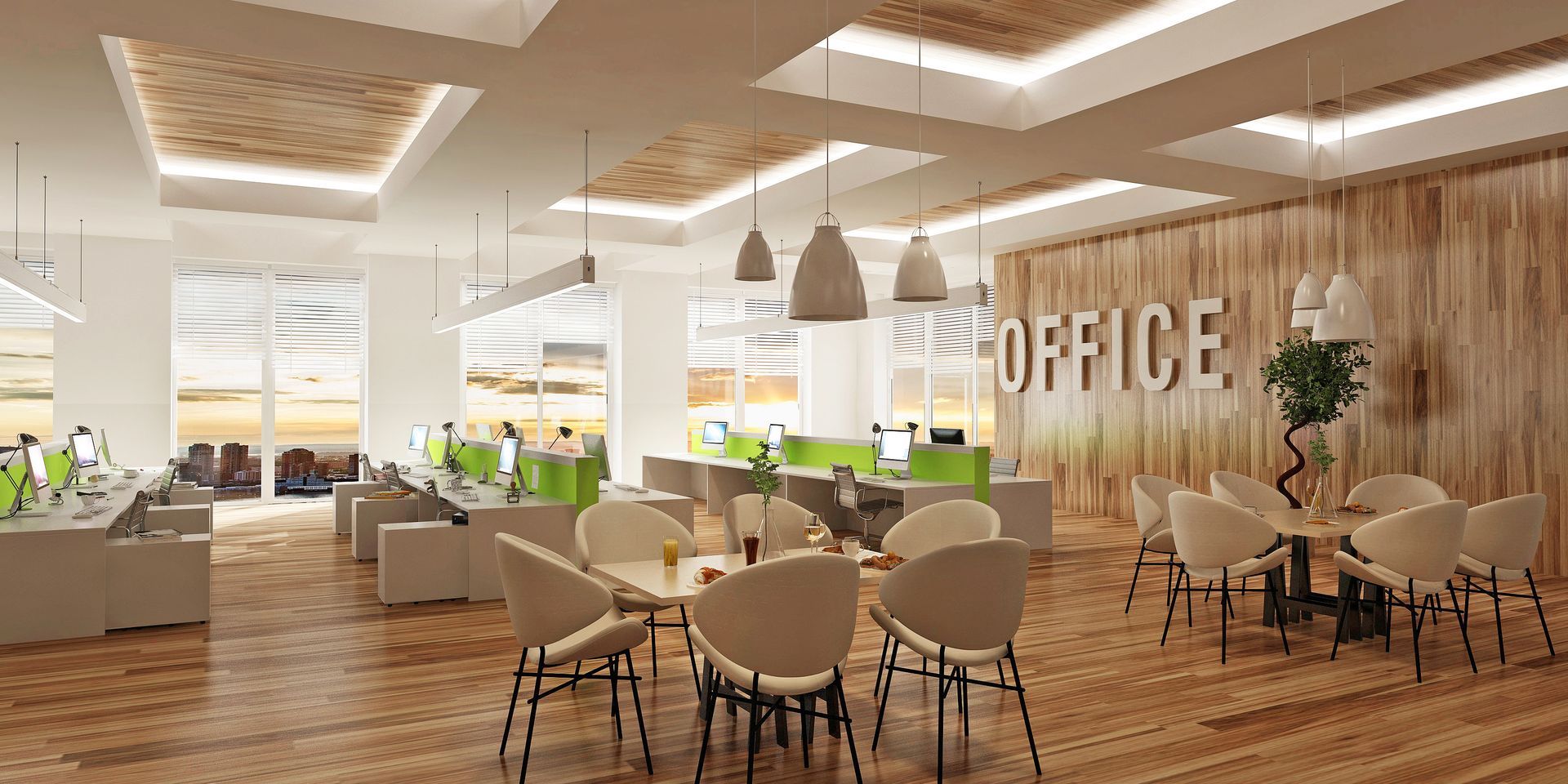 An artist 's impression of an office with tables and chairs.