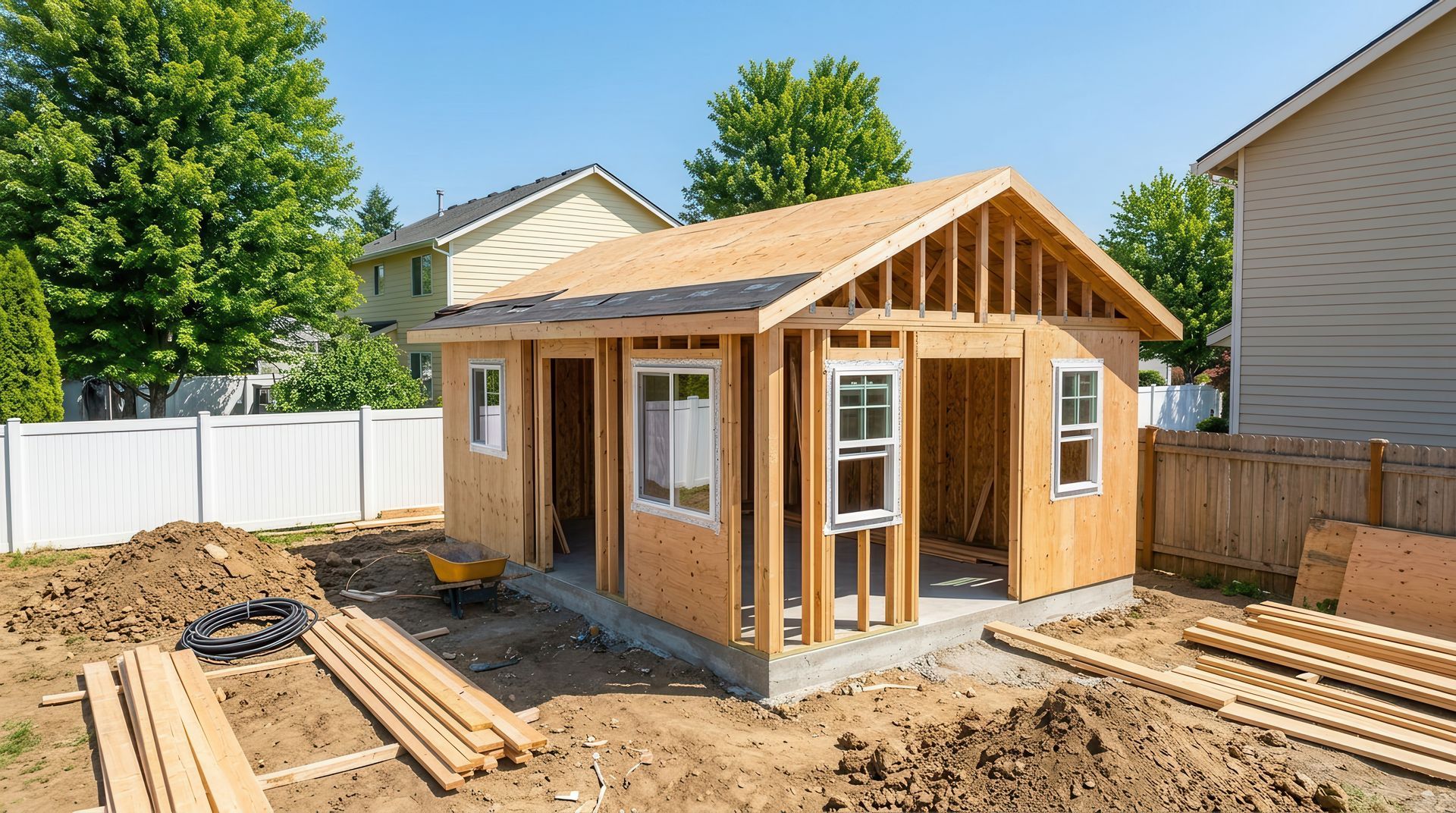 Small gray garden shed with open white doors, a front step, and patio furniture nearby.