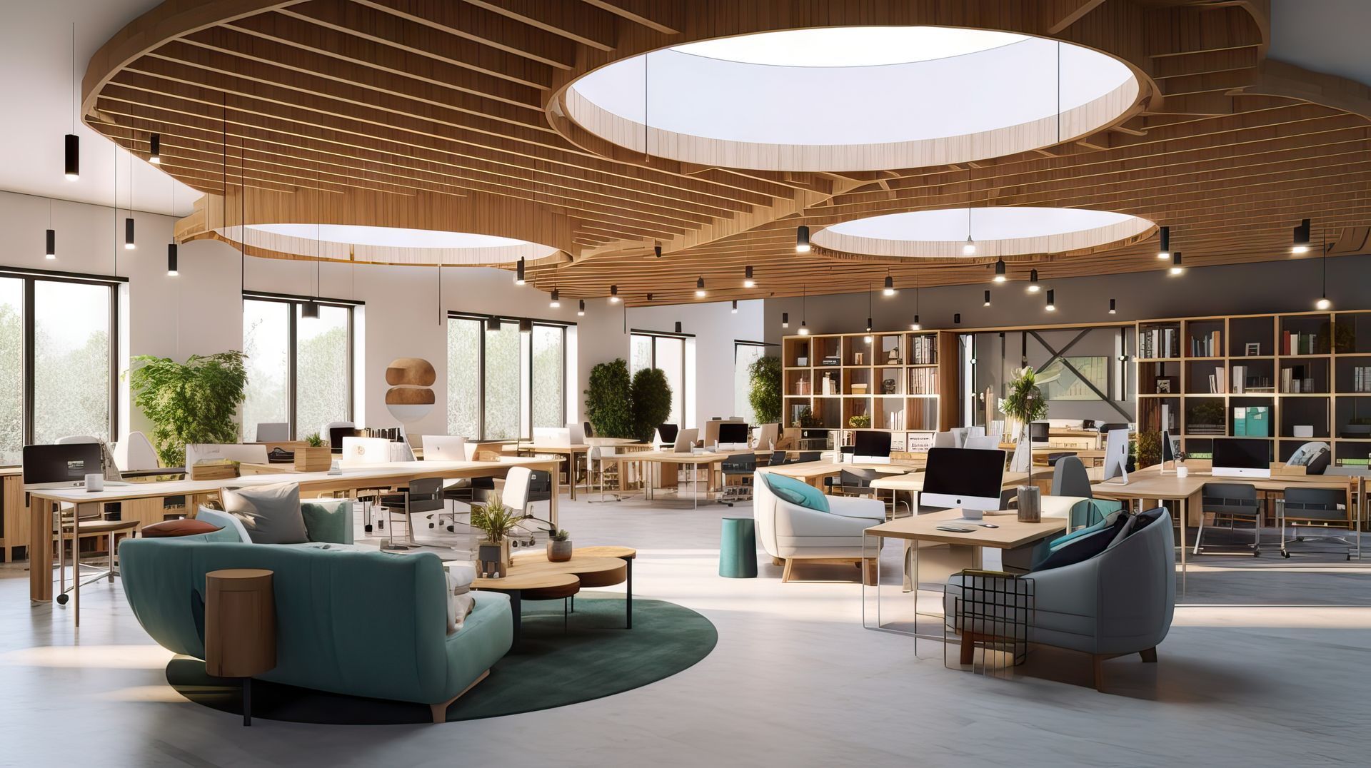A large room with a lot of furniture and tables and chairs.