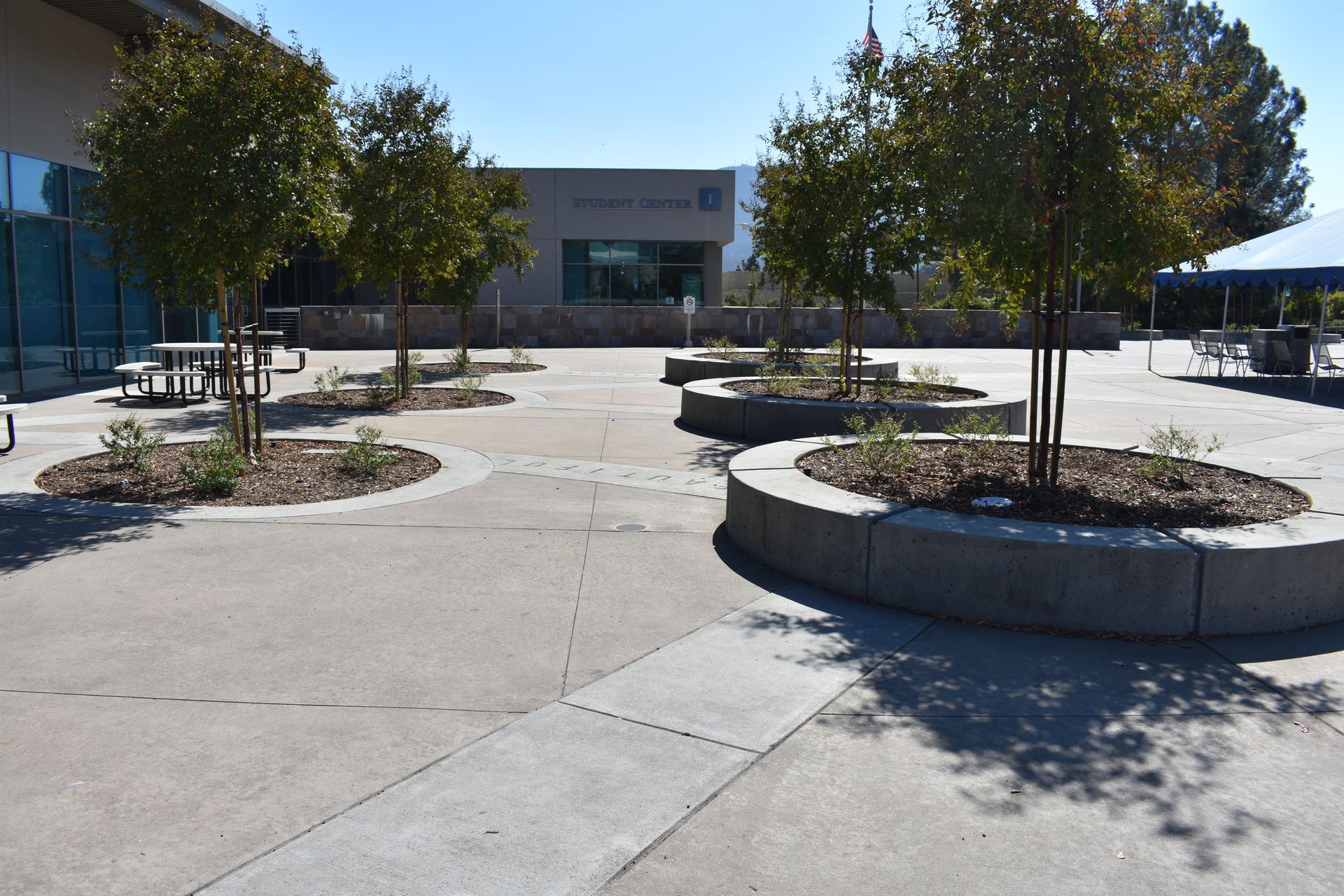 A courtyard with trees and benches in front of a building.