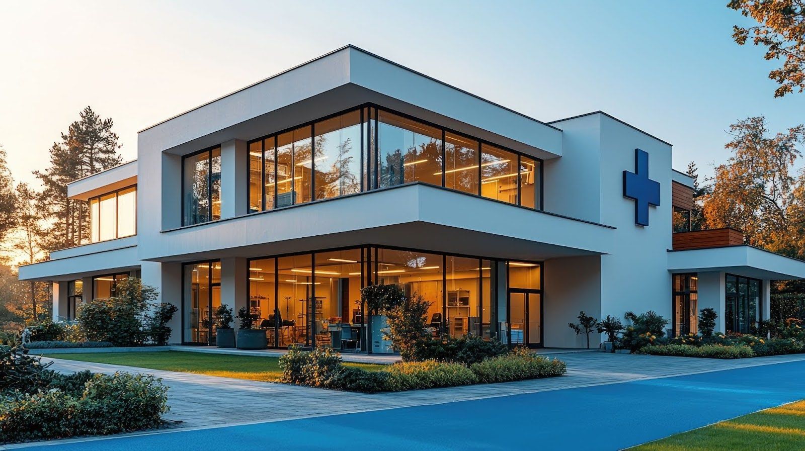 A two-story white modern medical facility with large glass windows and a blue medical cross sign, set in a sunny landscape.